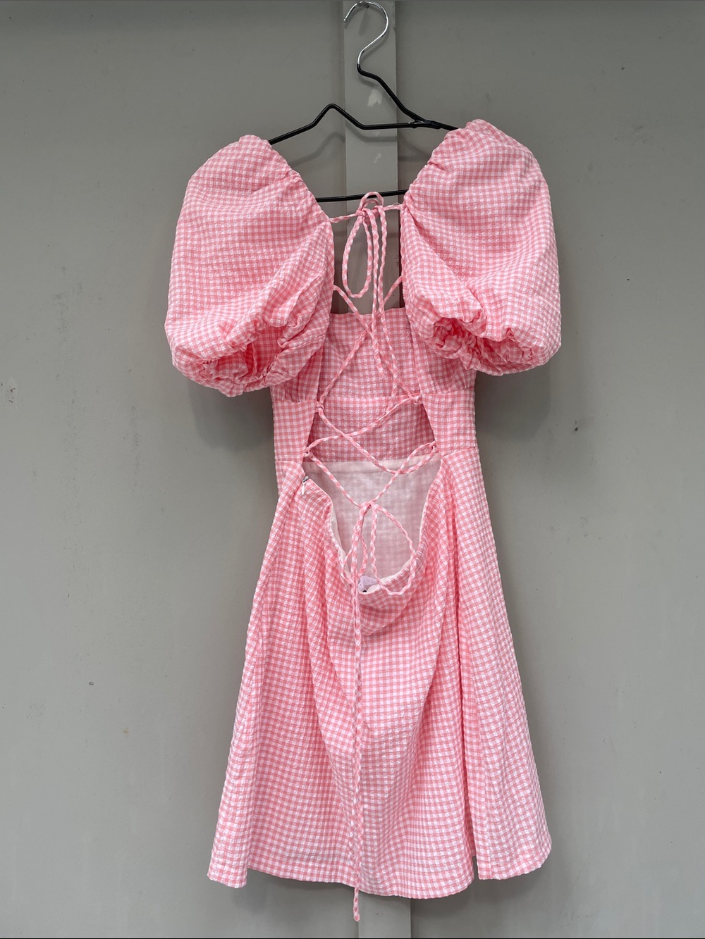 Mable/ Anthropologie “Lace Me Up Gingham Mini Dress”. Pink and White. Large. - Picture 4 of 4
